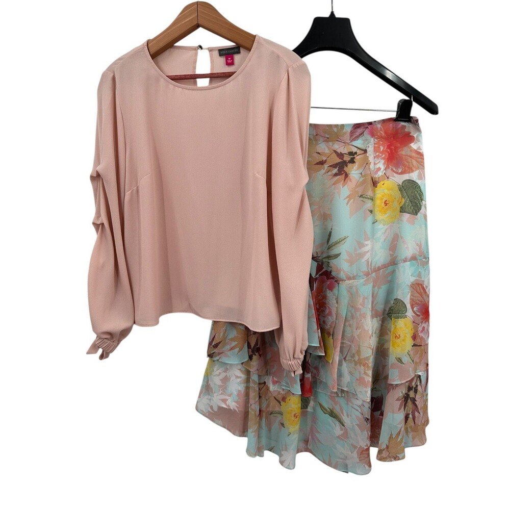 Vince Camuto Outfit Shirt & Midi Skirt M 10 Pink Floral Chiffon Fairy Party Tea
